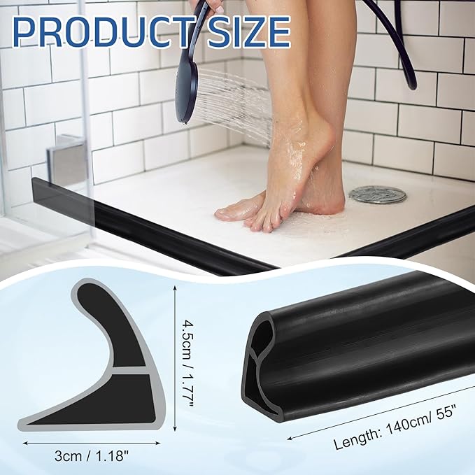 uxcell Shower Water Barrier, 55" TPE Splash Guard Shower Water Stopper Retention System for Bathtub Sink Washing Machine Dry and Wet Separation, 1.18"W x 1.77"H, Black