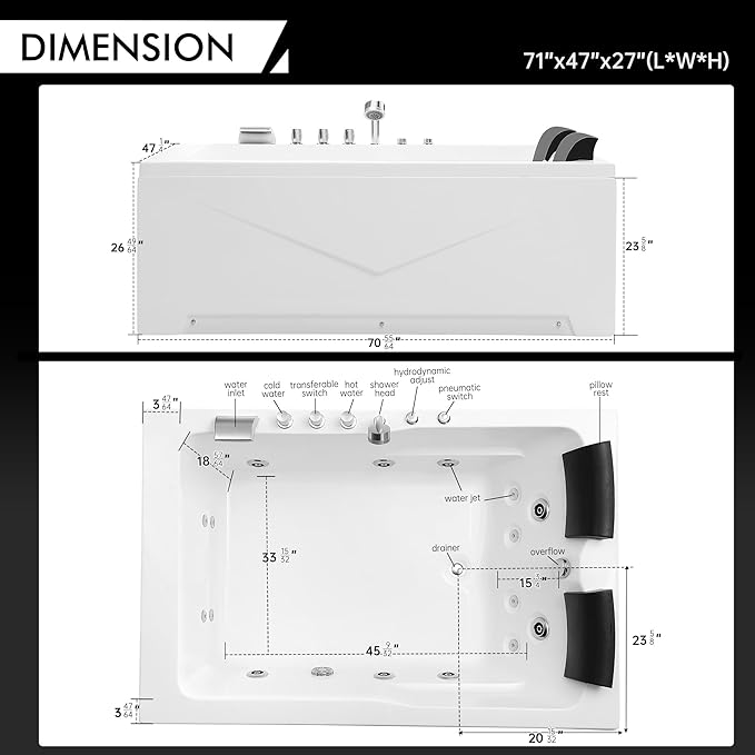 Empava 71" two Person Acrylic Whirlpool Bathtub with 16 Hydro-Massage Jets & Chromotherapy Rectangular Alcove Jetted Soaking Tub, Acrylic SPA Bath Tub, ETL Certified Waterfall Faucet, White