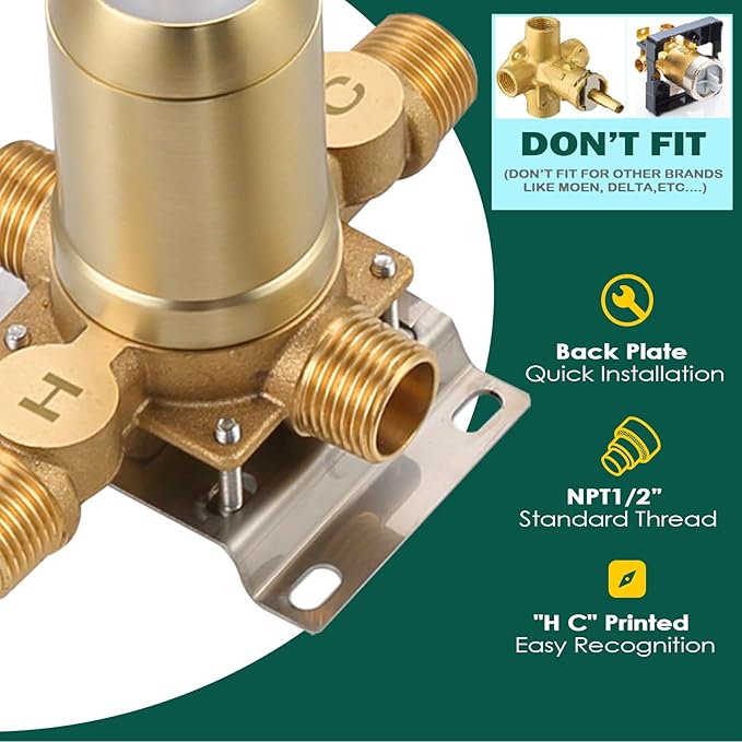 Brushed Gold Shower Mixer Valve 2 Way Diverter, Dual-Function Pressure Balance Shower Control Brass Rough-In 1/2" NPT Connection with Single Handle Shower Trim Kit
