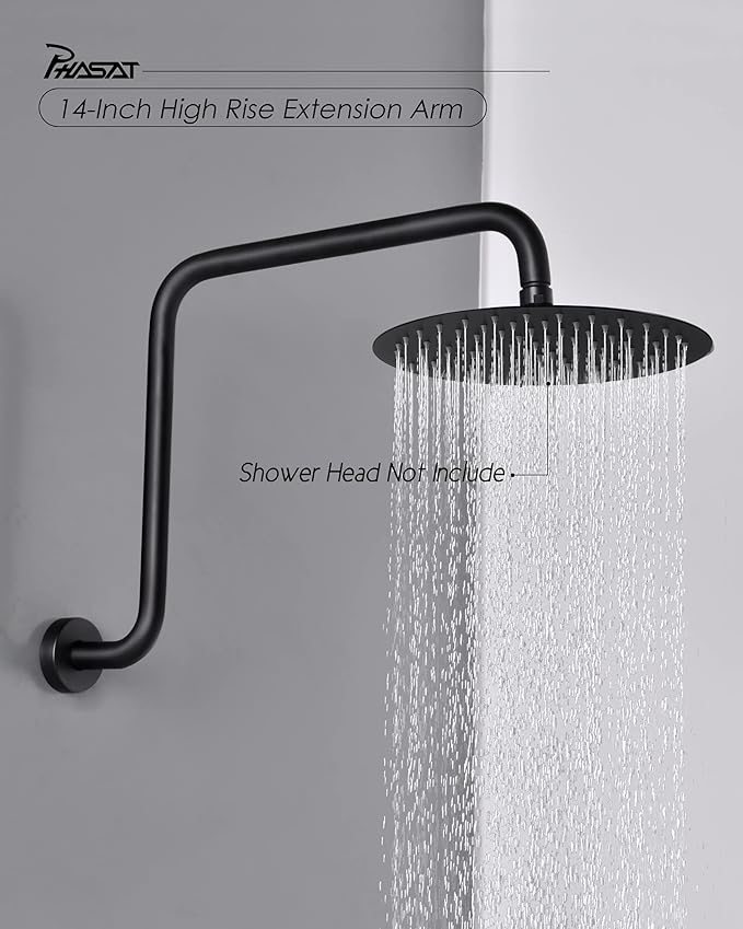 PHASAT 16 Inches Black Shower Head Arm,S Shaped Shower Arm with Flange,High Rise Shower Head Extension Matte Black,PU9H02
