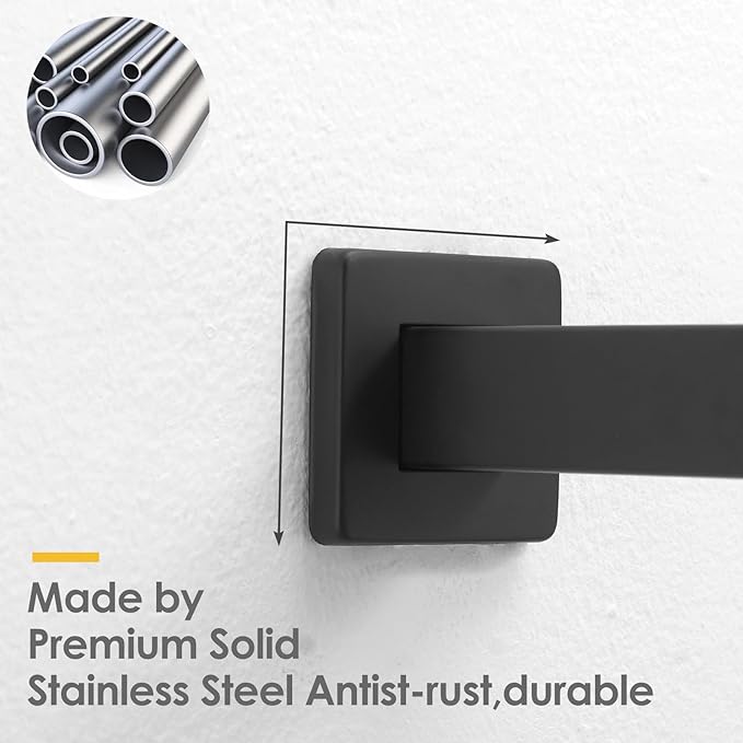 BESy 16 Inches Straight Extended Shower Arm With Flange, Rain Shower Head Extension Arms, Square Shower Rod Shower Head Extender Arm Shower Pipe Extension, Wall-Mounted Matte Black Stainless Steel