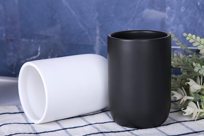 Ceramic Toothbrush Holders for Bathrooms, 8 oz Matte Tooth Brushing Dispenser, Small Tooth Brush Organizer for Vanity Countertop, Toothpaste Storage Stand, Tumbler Cup for Makeup Brushes-White