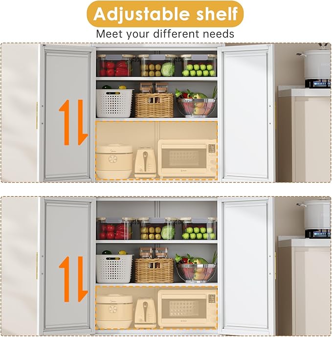 75" Tall Metal Kitchen Pantry Storage Cabinet, Freestanding Cupboard Storage Cabinet with 4 Doors and 4 Adjustable Shelves, Large Stand Up Food Cupboard for Dinning Room, Bathroom, White