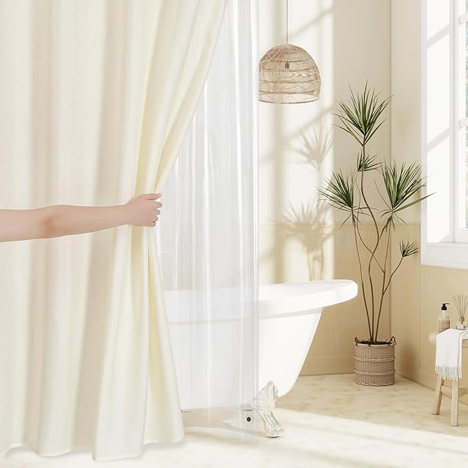 MitoVilla 3 in 1 Shower Curtain Set, Cream Boho Farmhouse Linen Textured Bath Curtain and Clear PEVA Liner Set with 12 Double Sided Steel Hooks, Waterproof Fabric Hotel Bathroom Curtain - 72x72