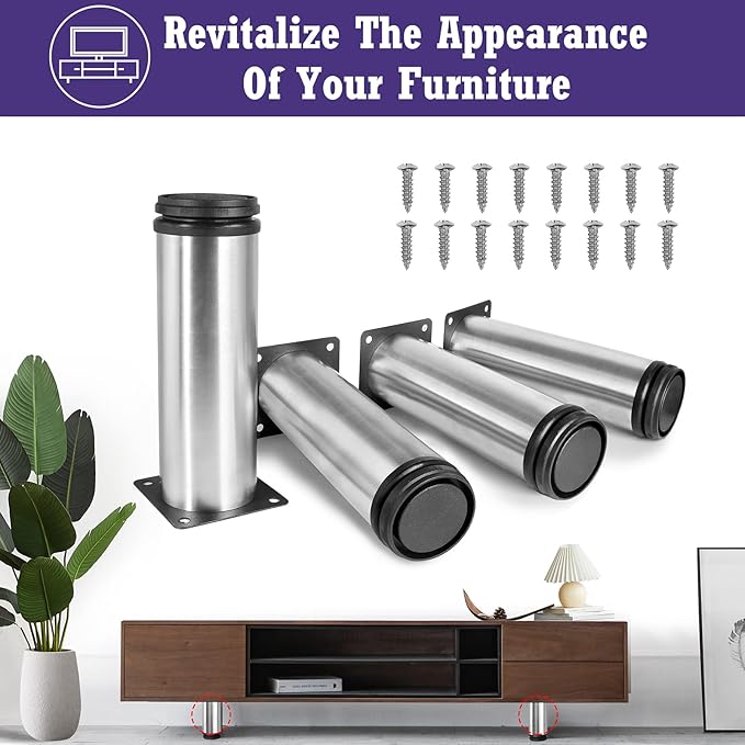 7 Inch Metal Furniture Legs Stainless Steel Adjustable Legs Silver Metal Legs Round Cabinet Legs for Coffee Table Cabinet Desk Sofa Shelves, Pack of 4