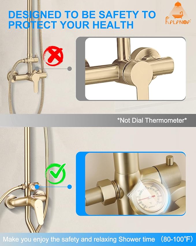 Outdoor Shower Fixture,3 Functions Handle Tub Rainfall Shower Faucet Sets with Dial Thermometer Brass Valve, Exposed Shower System with 10'' Rainfall Shower Head Adjustable (Brushed Gold)