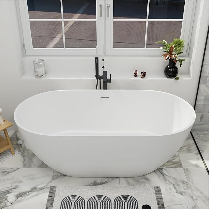 GIVINGTREE 59'' Freestanding Solid Surface Resin Stone Bathtub, Contemporary Design Stand Alone Tub with Pop-up Drain and Overflow, cUPC Certified, Matte White
