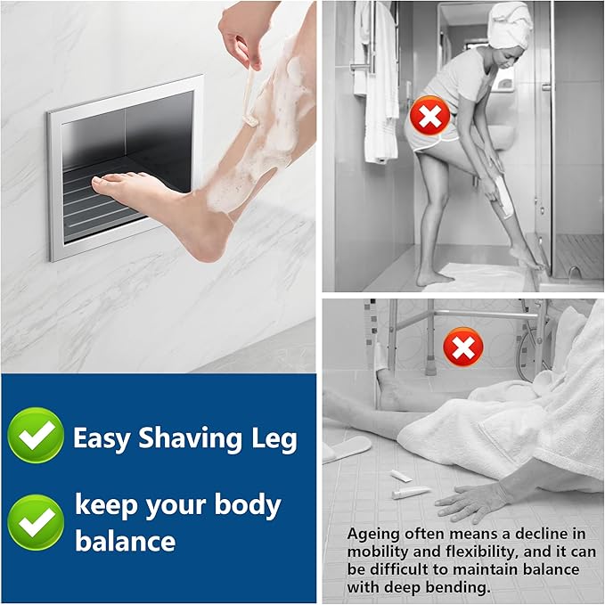 Shower Foot Rest for Shaving Legs, 304 Stainless Steel Footrest Niche with Shaving Holder, Recessed Shower Niche for Shaving Legs, Matte White