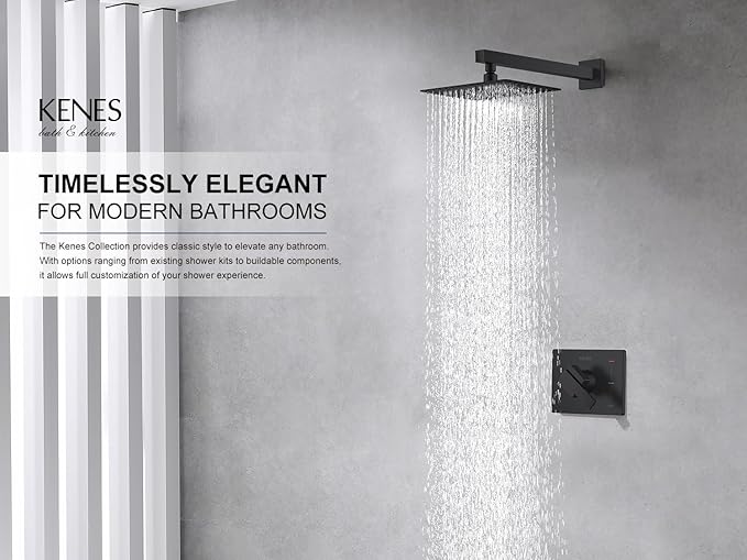 KENES Matte Black Shower Faucet with 10-Inch Shower Head and Handle Set, Square Shower Faucet Set Bathroom Rainfall Shower System Wall Mount, KE-6024B-2 (Shower Valve Included)