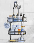 OMAIRA Shower Caddy Hanging with Soap Scrub Holder, Stainless Steel Adjustable No Drilling Non-Slip Large Capacity Sturdy Over Shower Head Shower Organizer Inside Shelves Bathroom Storage Rack, Black