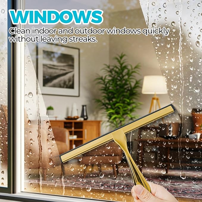 12-Inch Golden All-Purpose Shower Squeegee for Shower Doors, Tile Shower Walls, Bathroom, Window, Glass and Car Windshield, Mirrors and Kitchen-Stainless Steel