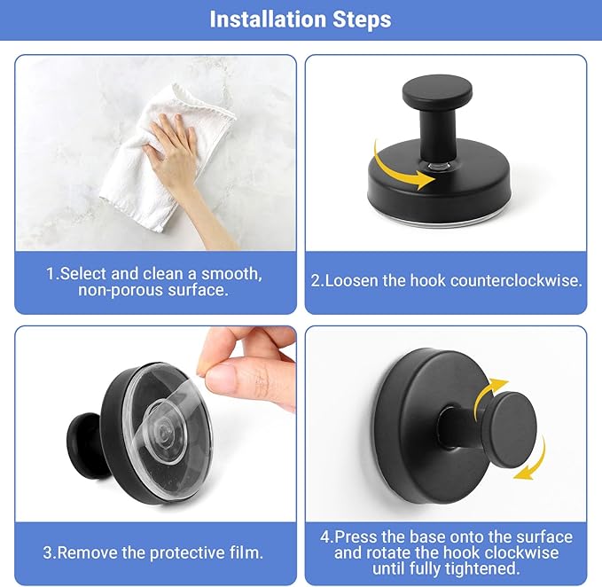 Suction Cup Hooks for Shower, Bathroom Hooks for Towels Stainless Steel Wall Hook for Hanging up to 6.5 lbs Hooks for Kitchen, Glass, Mirror (2Pcs Black)