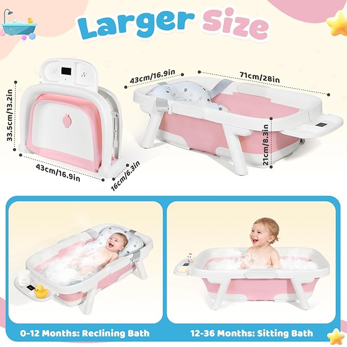 Orzbow Collapsible Baby Bathtub, Large Baby Bath Tub for Newborn with Soft Cushion & Thermometer, Travel Portable Baby Tubs for Infants to Toddler 0-36 Months, Pink