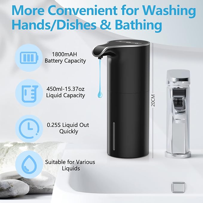 YIKHOM Automatic Liquid Soap Dispenser, Touchless Dish Dispenser, 5 Level Adjustable Sensor Dispenser, 15.37 oz/450mL Hand Soap Dispenser, USB C Rechargeable for Bathroom Kitchen