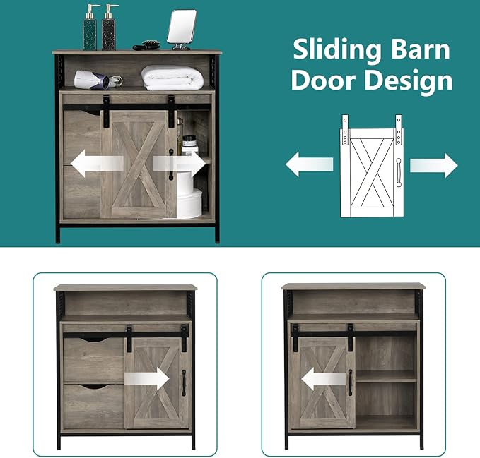 VINGLI Farmhouse Bathroom Floor Storage Cabinet, Rustic Freestanding Cabinet Organizer w/Sliding Barn Door, 2 Large Drawers and Adjustable Shelves (Wash Grey)