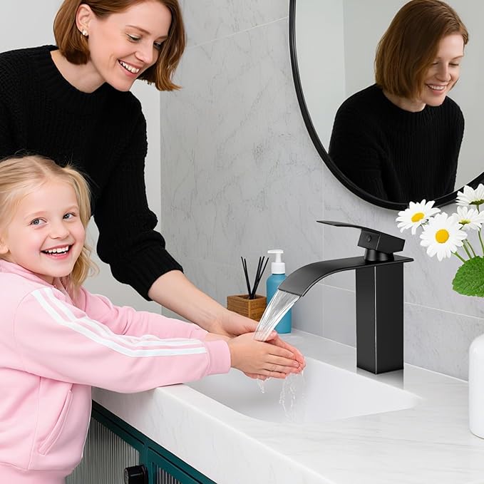 Bathroom Faucets Matte Black Waterfall Bathroom Sink Faucet Modern Single Handle Bathroom Faucet for 1 or 3 Hole Mxier Tap Washbasin Faucet with Deck, Pop-up Drain and Supply Hoses