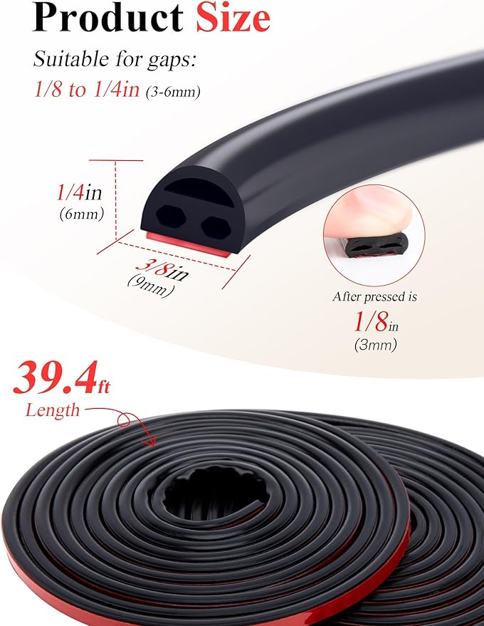 Silicone Seal - 39ft Door & Window Seal, Soundproofing, Abrasion Resistant (Black)