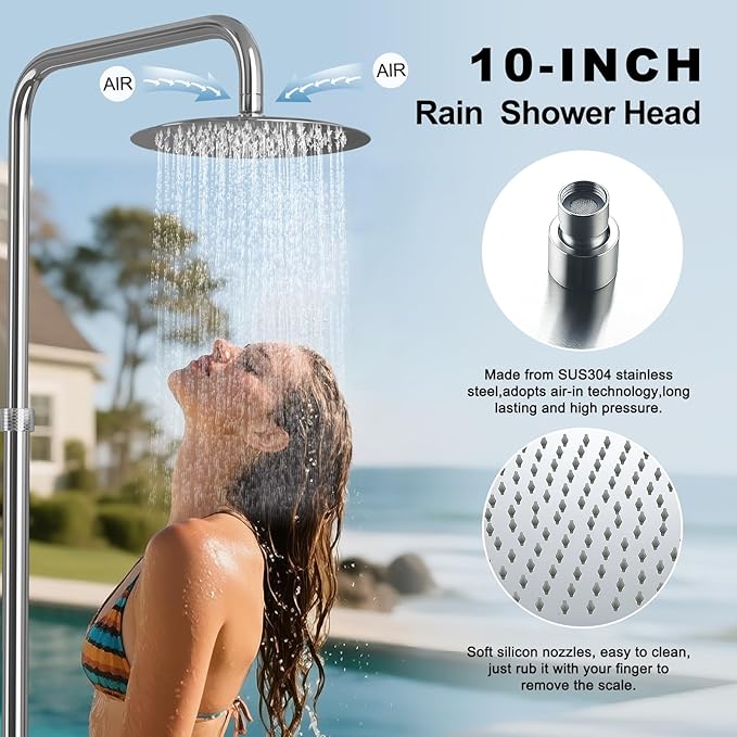 RBROHANT Freestanding Outdoor Shower Chrome, Height Adjustable Outside Showers for Backyard Garden Pool Beach, Outdoor Shower Fixtures with 10” Rain Shower Head and Handheld, Polished Chrome, JK0451