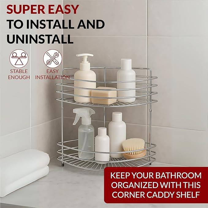 2-Tier Floor Standing Corner Shower Caddy - Sturdy Stainless Steel Bathroom Organizer Includes 2 Screws and Anchors - Freestanding or Wall-Mounted Shower Caddy - Silver