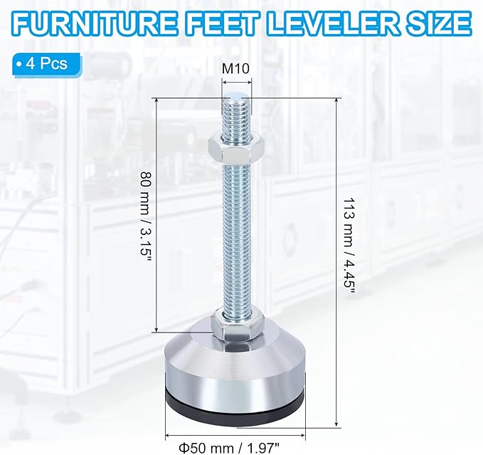 PATIKIL Furniture Leveling Feet 2" Dia Base M10 Thread, 4 Pcs Carbon Steel Adjustable Threaded Furniture Levelers Screw on Leg Levelers with Pads for Desk Chair Cabinet, Black