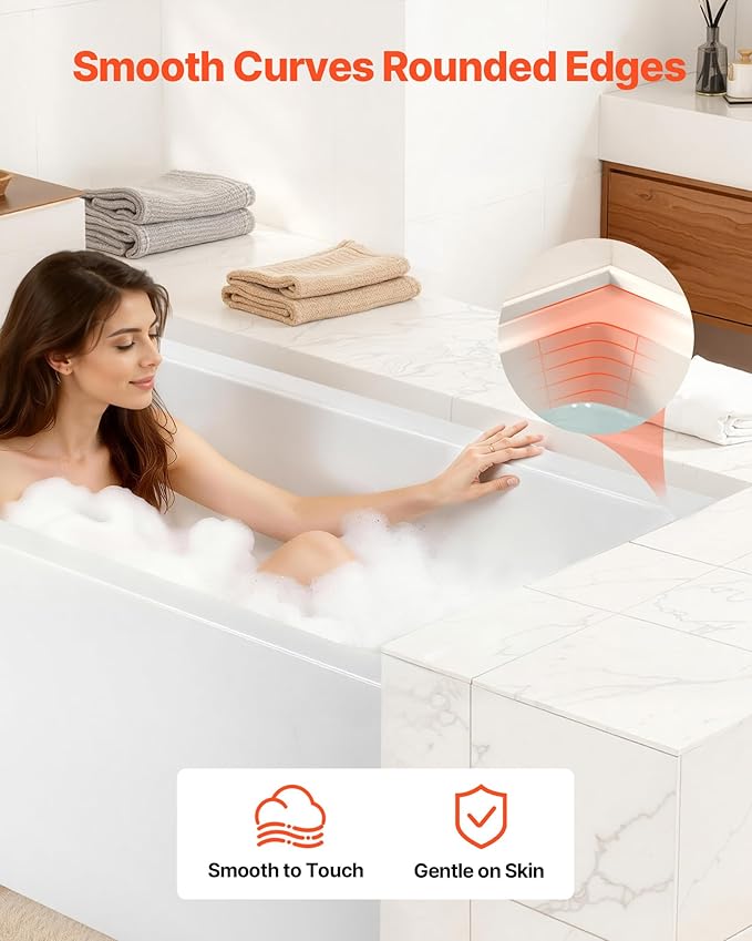 VEVOR Alcove Bathtub, 48" x 30" Contemporary Alcove Acrylic Bathtub, Soaking Bath Tub with Left Hand Drain and Overflow Hole, Large Rectangular Deep Soak Tub for Bathroom with Integral Flange, White