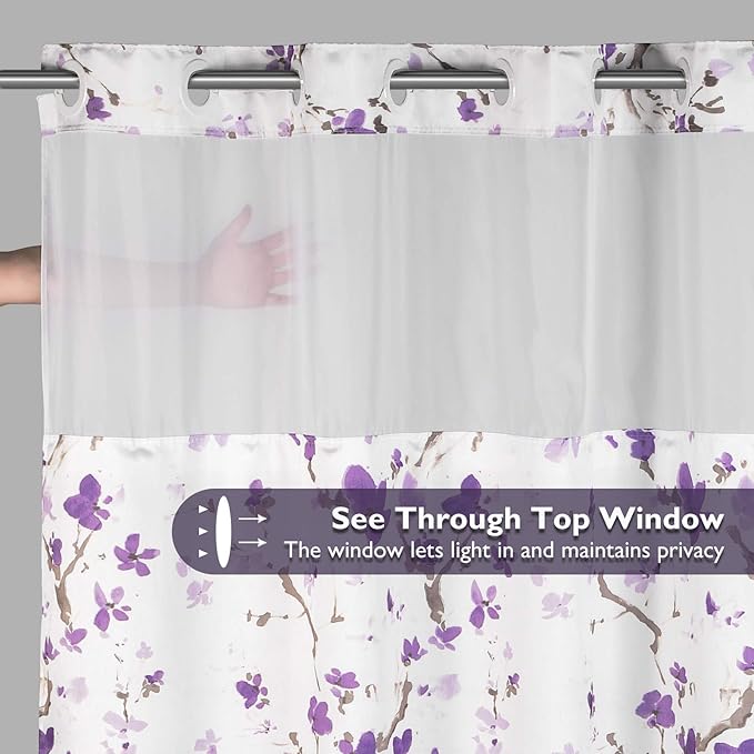 Lagute SnapHook Hook Free Shower Curtain with Snap-in Liner & See Through Top Window | Hotel Grade, Machine Washable | 71Wx74L, Purple Blossom