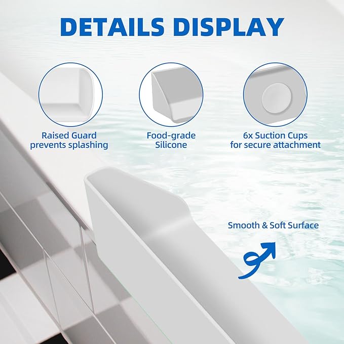 Splash Guard for Bathtub, 3.8" x 3.6" Silicone Bath Tub Splash Guard with 6 Suction Cups, Bathtub SplashGuard Play Shelf Area for Kids with 3°Drainage Slope for Faster Drying - White