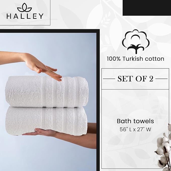 HALLEY Turkish 2 Pack Premium Bath Towels (2 Pieces) 650 GSM Highly Absorbent Super Soft 100% Cotton - 2 Bath Towels (White)