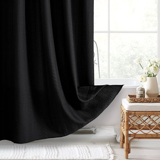 Gibelle Black Shower Curtain, 3D Embossed Textured Herringbone Fabric Shower Curtain, Modern Farmhouse Bathroom Decor Soft Cloth Shower Curtain Set with Hooks, 72x72