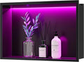 RGB LED Light Shower Niche, Matte Black 18X12 in Stainless Steel Recessed Storage with Remote Control, Waterproof No Tile Needed Wall Niche for Bathroom Storage Built-in Installation