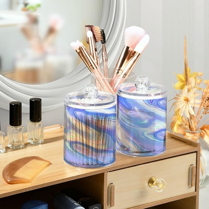 MNSRUU 4 Pack Qtip Holder Organizer Dispenser Liquid Shiny Blue Bathroom Containers Bathroom Vanity Storage Canister Apothecary Jars for Cotton Swabs/Pads/Floss