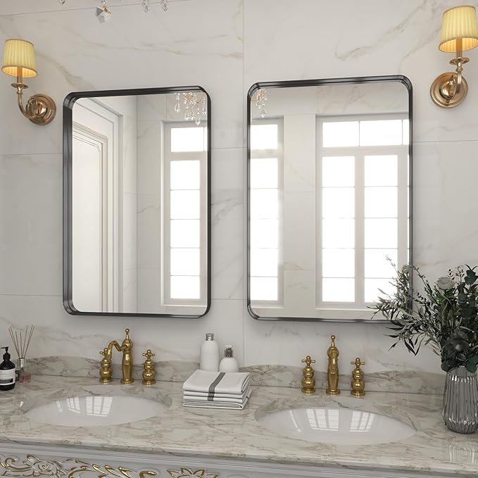 VooBang Bathroom Mirror 24x36 inch, Black Gorgeous Deep Frame Wall Mirror, Modern Round Corner Bathroom Vanity Mirror for Bedroom, Living Room, Hanging or Leaning Horizontal or Vertical, Black