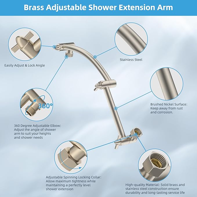 Hibbent All Metal Rain Shower Head, 8'' High Pressure Rainfall Square Showerhead with 16" Shower Extension Arm, Solid Brass Adjustable Shower Arm Extender, Waterfall fixed Showerheads, Brushed Nickel