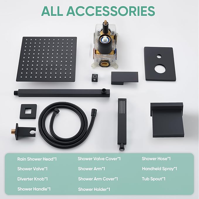 Black Shower System with Tub Spout, All Metal Tub Shower Faucet Set with 10" Rain Shower Head and Handheld Spray combo, Wall Mounted Tub Shower Systems with Valve and Trim Kit, Matte Black