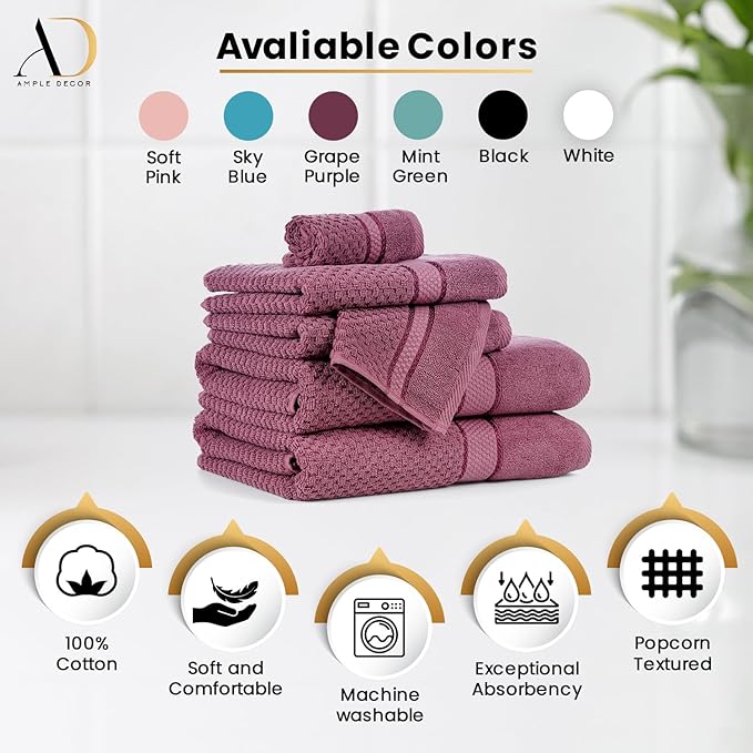 Ample Decor 100% Cotton Washcloths Set of 50 - Highly Absorbent, Popcorn Textured - Mulaayam Collection - Grape Purple 12 X 12 Inch