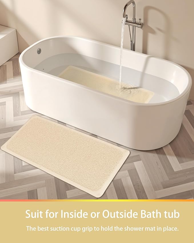 Mecko Non Slip Shower Mats, 16x40 Inch, Anti-Slip Bathtub Mats with Suction Cups for Bathroom, Foot Scrubber Loofah Bath Mats for Shower, Quick Drying Shower Stall Mats for Wet Areas (Beige)