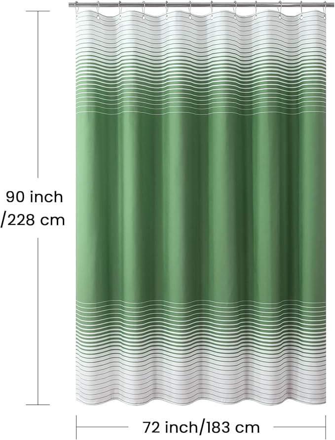 90 Inch Green Shower Curtain, Extra Long Sage Green and White Gradient Horizontal Stripe Waterproof Polyester Shower Curtains for Bathroom, 72x90 Inches