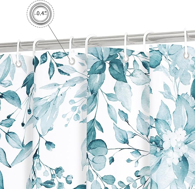 Gibelle Long Shower Curtain 72 x 78, Tall Spa Blue Floral Shower Curtain for Bathroom, Watercolor Plant Eucalyptus Leaves Fabric Shower Curtain Set