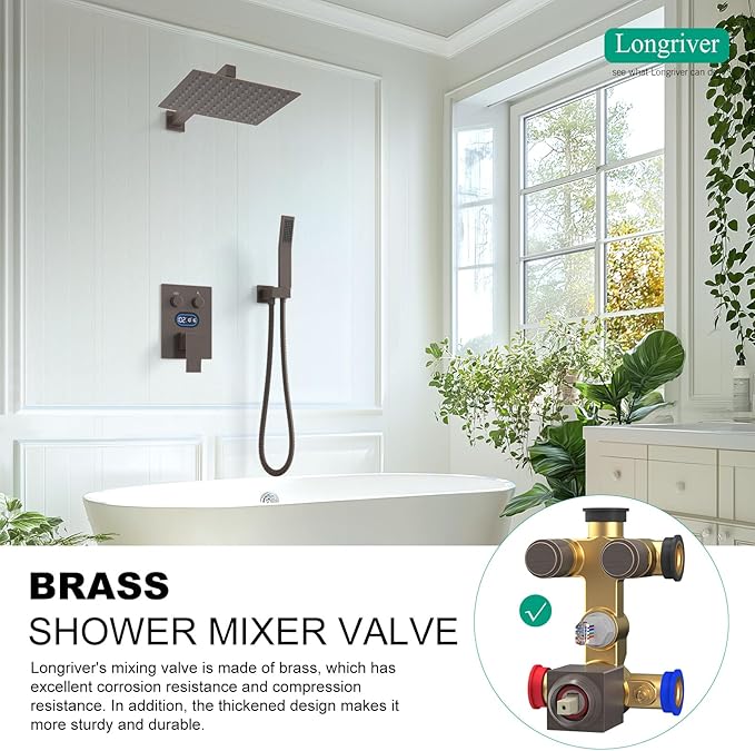 Push Button Diverter Shower Faucet Set Hydro Power Temperature Display, Shower System 10 Inches Shower Head with Handheld Spray, Wall Mounted Shower Fixtures with Valve and Trim Kit, Oil Rubbed Bronze