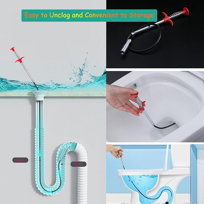 2-Pack Drain Snake & Clog Remover Tool (35'' & 79'') - Gutter Cleaning Tools Flexible Plumbing Auger Tool with Hair Grabber Claw for Shower, Sink, Toilet, Bathtub, Kitchen Pipe Cleaning
