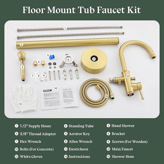 Free Standing Tub Faucet, Wintap Classic Freestanding Bathtub Faucet with Sprayer Brass Elegant Floor Mount Bath Faucets High Flow Roman Tub Filler, Brushed Gold （WT-3311BG）