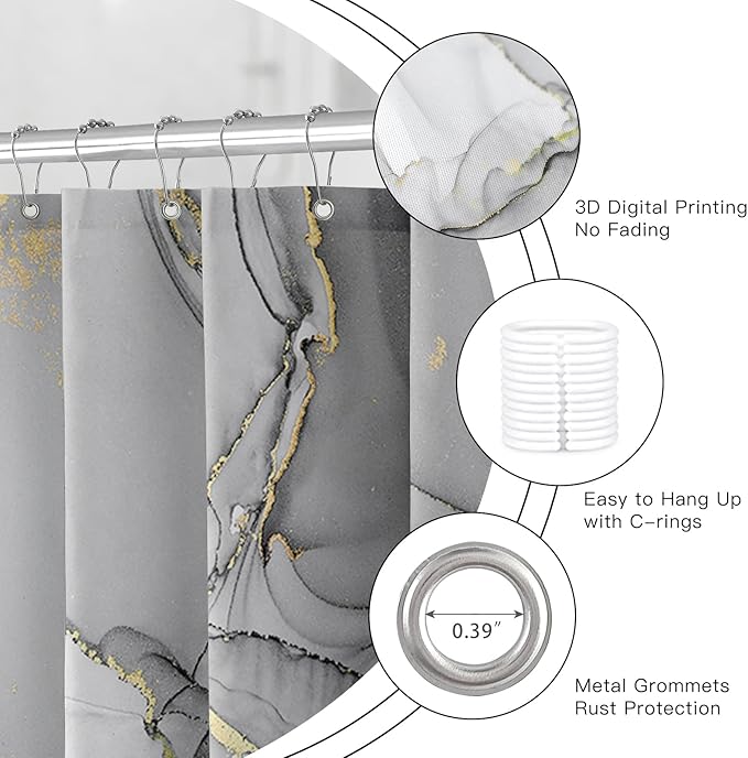 Grey Marble Shower Curtain, Modern Abstract Fabric Shower Curtains for Bathroom, Luxury Art Ink Texture Watercolor Shower Curtain Set with Hooks 72x72