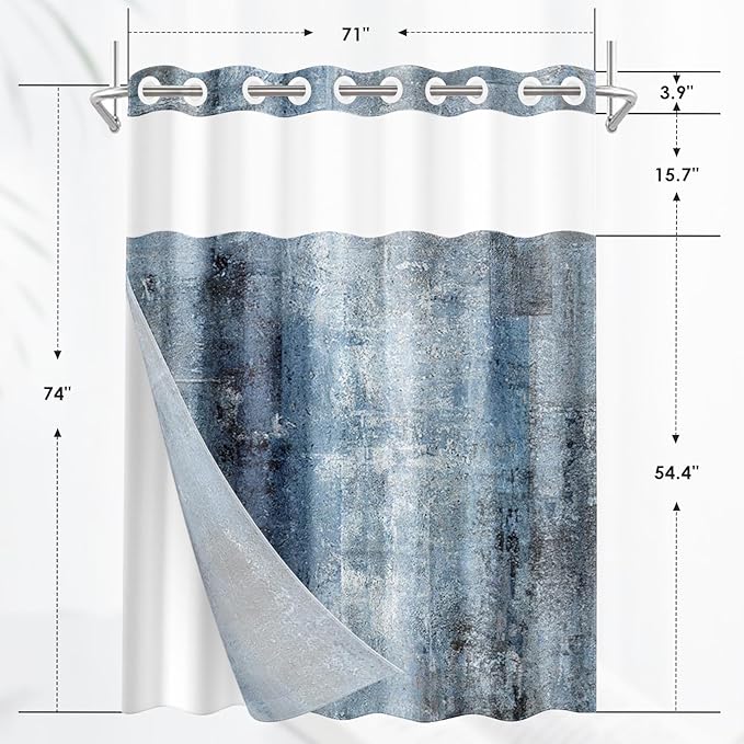 No Hook Grey Navy Blue Painting Shower Curtain with Snap in Fabric Liner Set, Abstract Double Layers Waterproof Fabric with See Through Top Window Open Grommet Bath Curtain 71x74 Inch