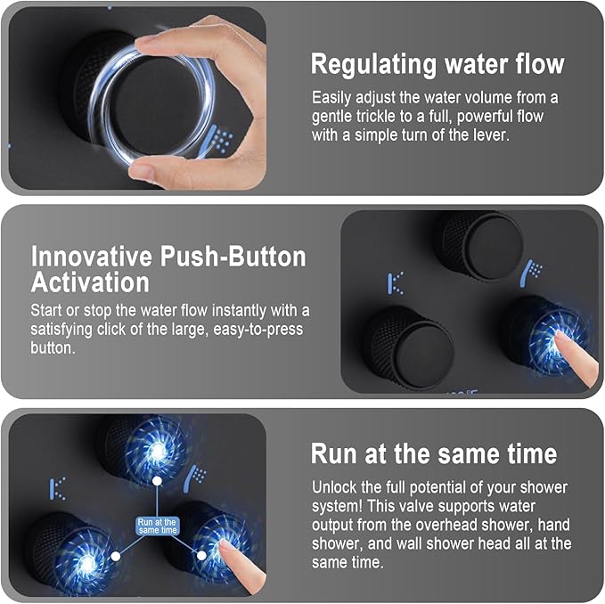 Modern Push Button 3 Way Thermostatic Shower Valve, Concealed Multi Function Brass Faucet Rough-In Mixer Shower Diverter Valve Kit Can Control Flow and On-Off Simultaneously, Matte Black