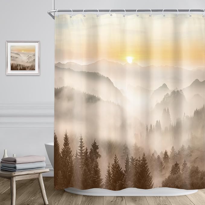 Riyidecor Misty Mountain Shower Curtain 60Wx72H Inch Brown Sunrise Nature Scenery Foggy Pine Tree Woodland Modern Natural Landscape Men Cool Bathroom Decor Fabric Polyester Waterproof 12 Pack Hooks