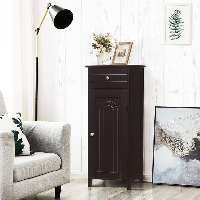 DORTALA Bathroom Floor Cabinet, Free-Standing Wooden Floor Storage Cabinet w/Large Drawer & 2 Adjustable Shelves, Morden Side Storage Bathroom Organizer Cabinet for Living Room, Brown