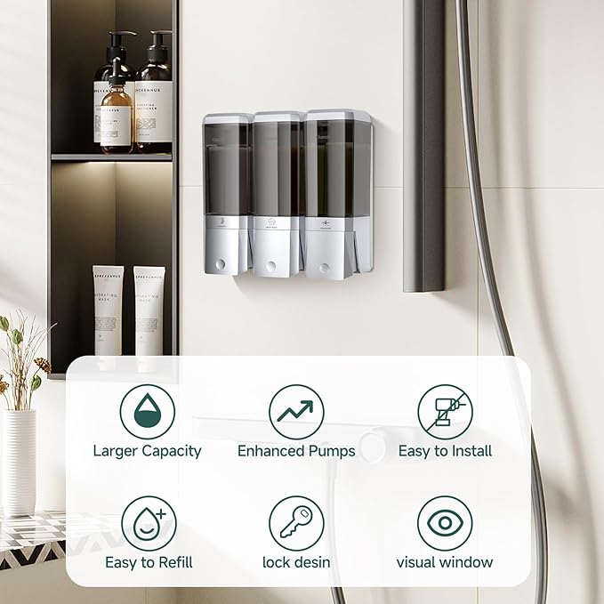 Shampoo and Conditioner Dispenser Wall Mounted No Drill, Shower Soap Dispenser 3 Chamber Shampoo Conditioner Body Wash Refillable 3 * 17oz Shower Soap Dispenser for Bathroom Hotel, Silver+Smoke Gray