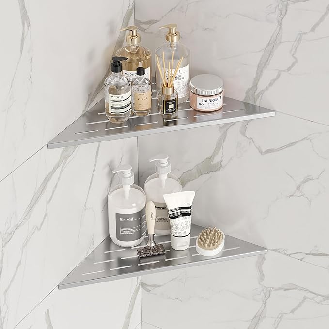 Neodrain 12 Inch Brushed Corner Shelf Set of 2, Floating Corner Shelves for Wall, 304 Stainless Steel Wall Storage Shelves for Bathroom, No Drilling