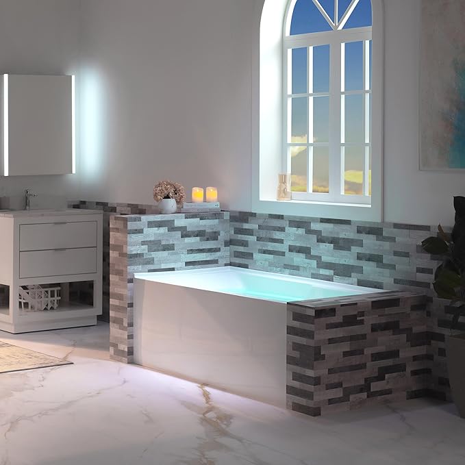 WOODBRIDGE 60" Acrylic Rectangular Alcove Soaking Bathtub in White with Right Drain, Brushed Gold Pop-Up Drain Included BA6030R
