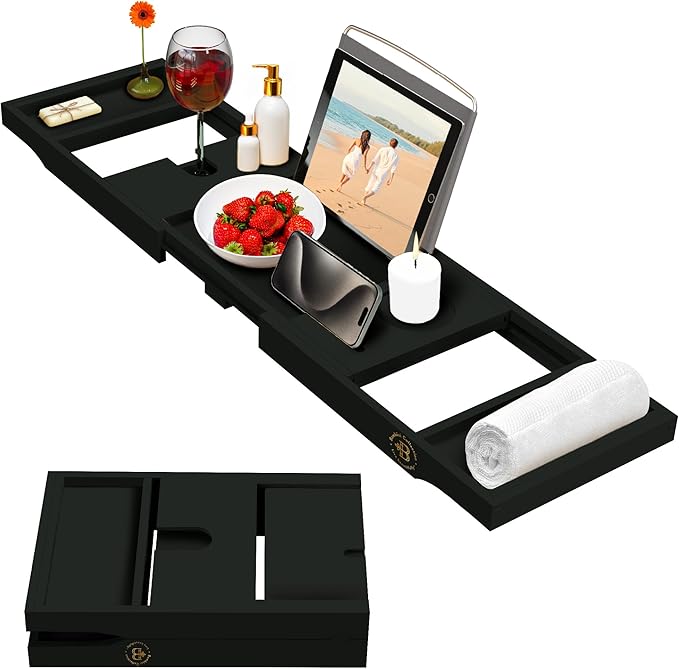 Wooden Bathtub Tray - Foldable & Expandable Bamboo Bath Tray for Tub with Wine Holder, Book & Tablet Stand - Bath Caddy Tray for Bathtub, Spa Bath Accessories, Tub Tray Table, (Black)